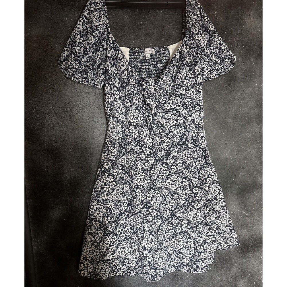 Gianni Bini Floral Puff Sleeve Smocked Dress Navy White Size 2 Mini Feminine